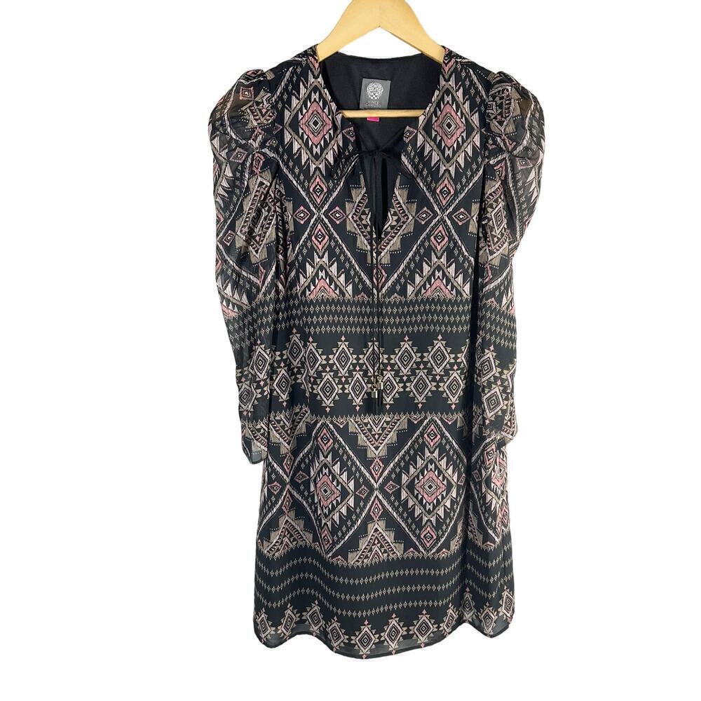 Vince Camuto Shirred Sleeve Geo Print Chiffon Split Neck Shift Dress Size US 2